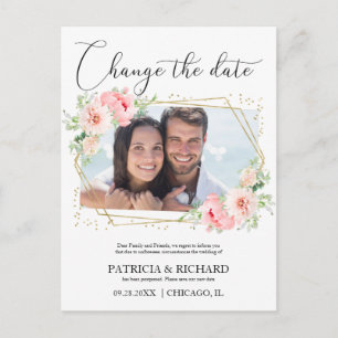 Trouwen Verander de datum Blush Bloemen Foto Briefkaart