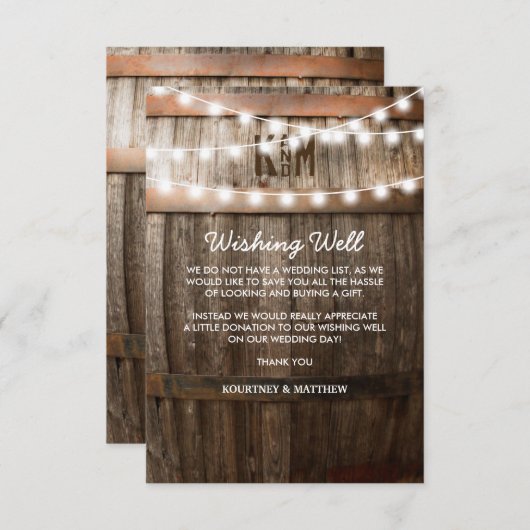 Trouwen Wishing Well Rustic Country Barrel Informatiekaartje (Voorkant / Achterkant)