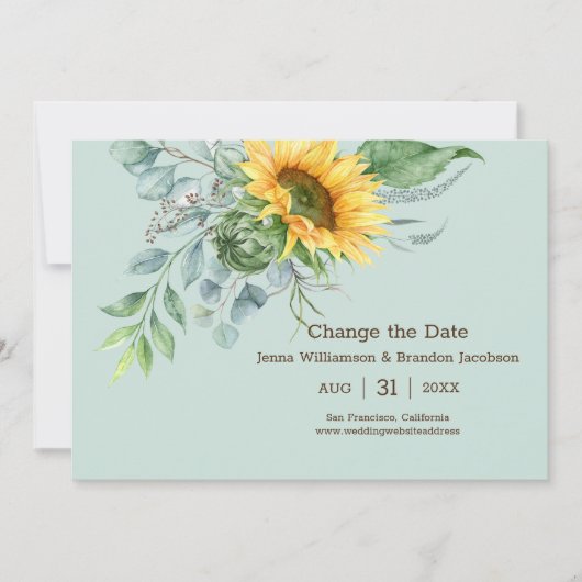 Trouwen Zonnebloem Rustiek Verander de datum Groen Save The Date (Voorkant)