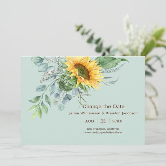 Trouwen Zonnebloem Rustiek Verander de datum Groen Save The Date (Staand voorkant)