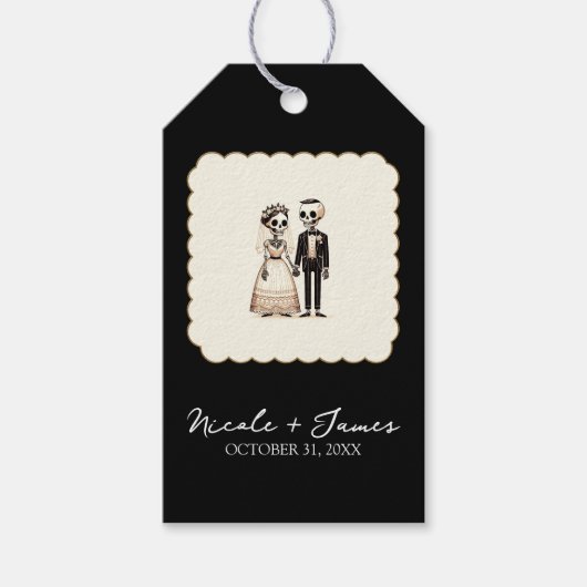 Trouwende cartoon skelet bruid en bruidegom grilli cadeaulabel (Voorkant)