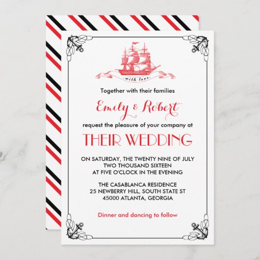 Trouwerinvitatie met oud scheepsanker Zwart Rood Kaart (Voorkant / Achterkant)