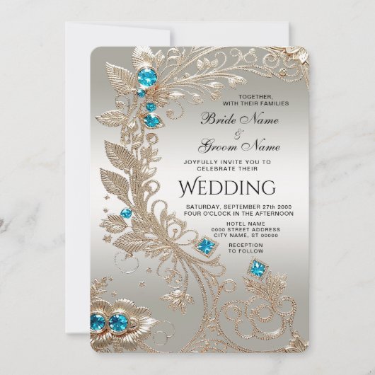 Trouwerinvitatiemet Blauwe Stenen en Goud Borduurs Kaart (Voorkant)