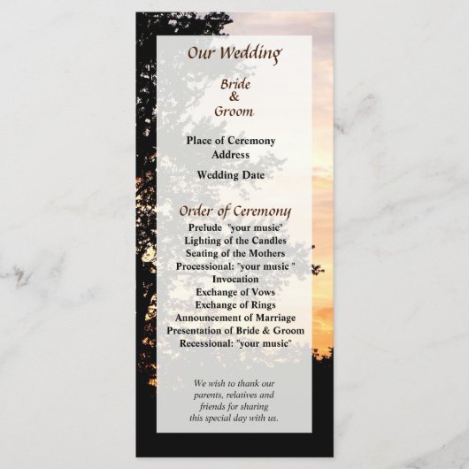 Trouwerogram met silhouet van bomen programma (Voorkant)