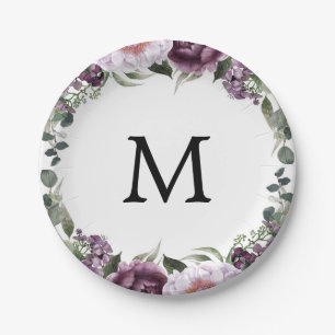 Trouwfeest bord met monogram en pruim pioenrozen