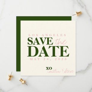 Trouwfeest eenvoudig en modern groen en roze save the date