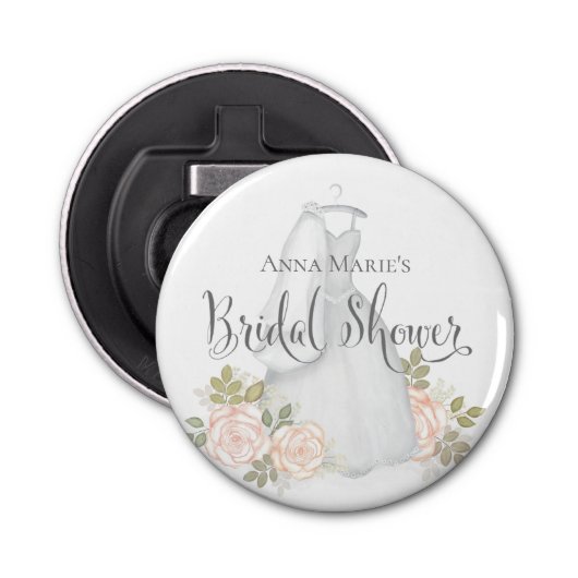 Trouwfeest gunst met blozende roos button flesopener (Voorkant)