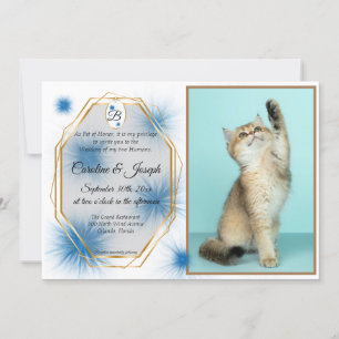 Trouwfeest, huisdierfoto & label met blauwe pluk v kaart