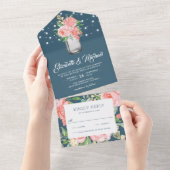 Trouwfeest in Blush Roze Bloem Motief in Stofblauw All In One Uitnodiging (Afscheurbaar)