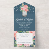 Trouwfeest in Blush Roze Bloem Motief in Stofblauw All In One Uitnodiging (Binnen)