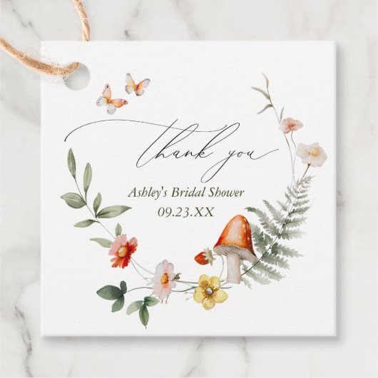 Trouwfeest in het betoverde bos met paddenstoelen bedankjes labels (Voorkant)