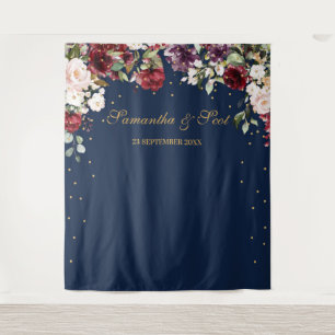 Trouwfeest in marineblauw roze burgundy boho bloem wandkleed