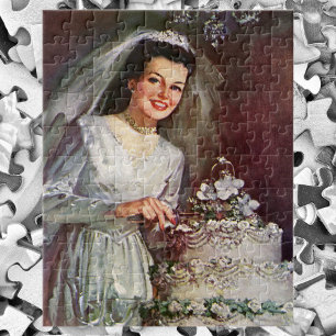 Trouwfeest in vintage stijl, bruid die de trouwtaa legpuzzel