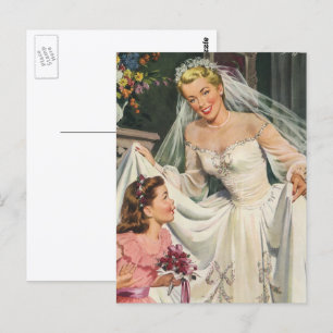 Trouwfeest in vintage stijl, retro bruid met bloem briefkaart