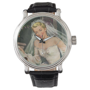 Trouwfeest in vintage stijl, retro bruid met bloem horloge