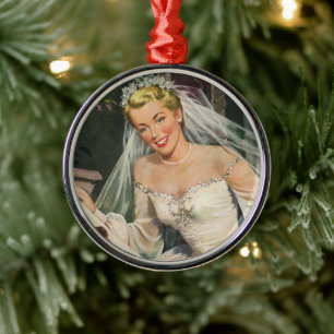 Trouwfeest in vintage stijl, retro bruid met bloem metalen ornament