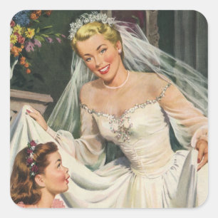Trouwfeest in vintage stijl, retro bruid met bloem vierkante sticker