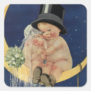 Trouwfeest in vintage stijl, Schattig bruidspaar o Vierkante Sticker