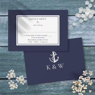 Trouwfeest met anker in marineblauw monogram RSVP kaartje