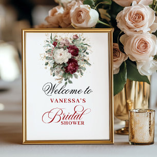 Trouwfeest met bloemige blos burgundy welkom poster