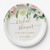 Trouwfeest met bloemige roze confetti in goudroze papieren bordje (Voorkant)