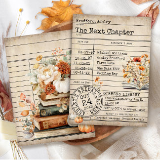 Trouwfeest met herfstbloemen in vintage bibliothee kaart