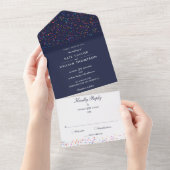 Trouwfeest met regenboogconfetti en navyblauw mono all in one uitnodiging (Afscheurbaar)