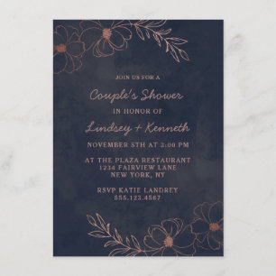 Trouwfeest Navy Blauw & Roze Goud Chic Koppel Kaart