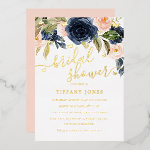 Trouwfeest Navy Blush Goud Vlinder Bloemen Folie Uitnodiging