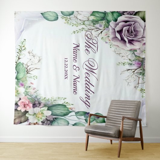 Trouwfeest Paars Bloemmotief Groen Loof Rustiek Wandkleed (In Situ (horizontaal))