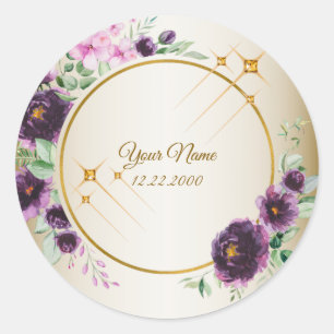 Trouwfeest Paars Roze Bloem Groen Goud Ronde Sticker