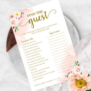 Trouwfeest spel met bloemmotief Roze Vind De Gast Flyer