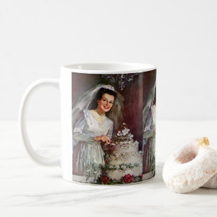 Trouwfeest uit het verleden, bruid die de trouwtaa koffiemok