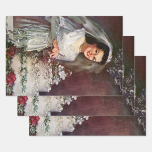 Trouwfeest uit het verleden, bruid snijdt de trouw inpakpapier vel