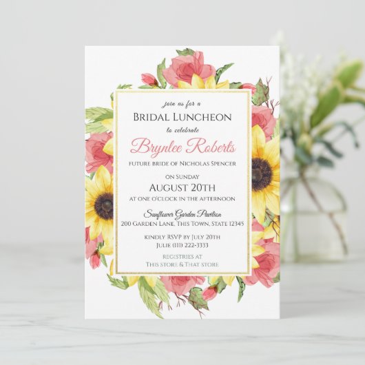 Trouwfeest uitnodiging met zonnebloemen en rozen (Staand voorkant)