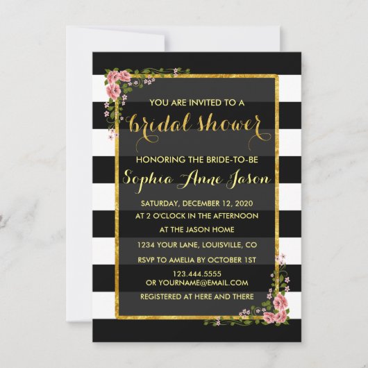 Trouwfeest Uitnodiging met Zwarte Strepen en Goude (Voorkant)