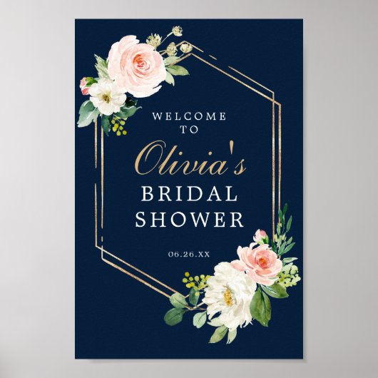 Trouwfeest Welkomstbord Navy Blue Goud Blush Poster (Voorkant)