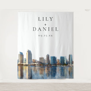 Trouwfoto-achtergrond met skyline van San Diego Wandkleed