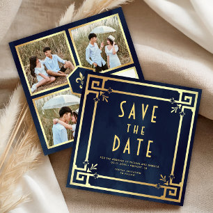 Trouwfoto collage in art deco-stijl met Navy blauw Save The Date