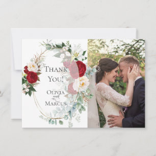 Trouwfoto Dankjewel Elegante Rode Pioen Frame Bedankkaart