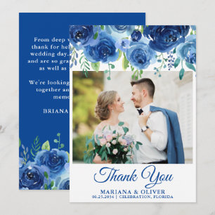 Trouwfoto Dankkaart Navy Blauwe Bloemen Kaart