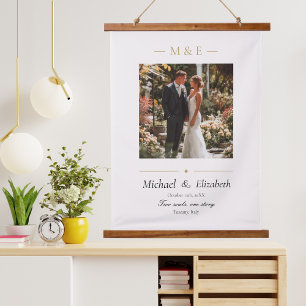 Trouwfoto Elegant Crème Goud Modern Op Maat Hangend Wandkleed