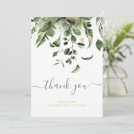 Trouwfoto, groene tuin bruiloft bedankkaart (Staand voorkant)