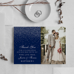 Trouwfoto in Navy Blauwe & Glam Zilveren Confetti Bedankkaart