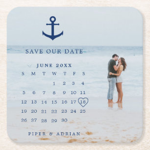 Trouwfoto Kalender Scheepsvaart Save the Date Vierkante Kartonnen Onderzetter