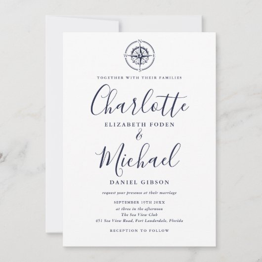 Trouwfoto met Navy Blue Script Nautilus Kompas Kaart (Voorkant)