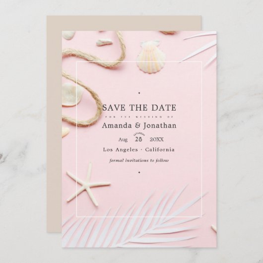 Trouwfoto met roze strandbloos save the date (Voorkant / Achterkant)