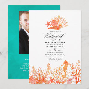 Trouwfoto met turquoise en koraalstrand kaart