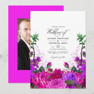 Trouwfoto met vintage fuchsia en paarse bloemen kaart