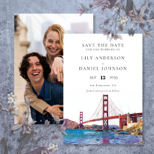 Trouwfoto met waterverf van San Francisco Save The Date